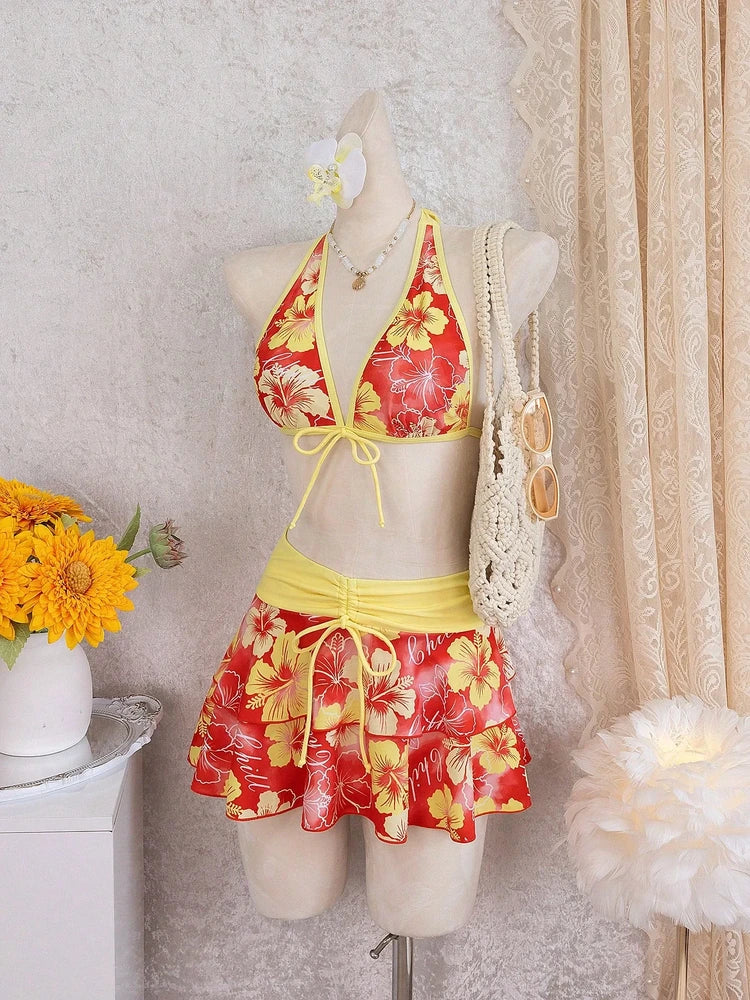 Set bikini 3 pezzi con gonna e reggiseno all'americana color fucsia tropicale