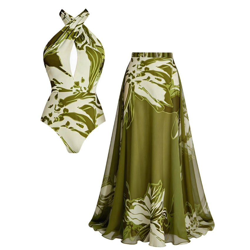 Lulu Rosalie™ – Set Costume Intero Halter Verde & Bianco