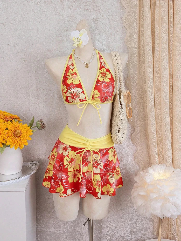 Set bikini 3 pezzi con gonna e reggiseno all'americana color fucsia tropicale